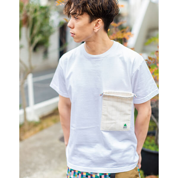 巾着Tシャツ (綿麻ストライプポケット)