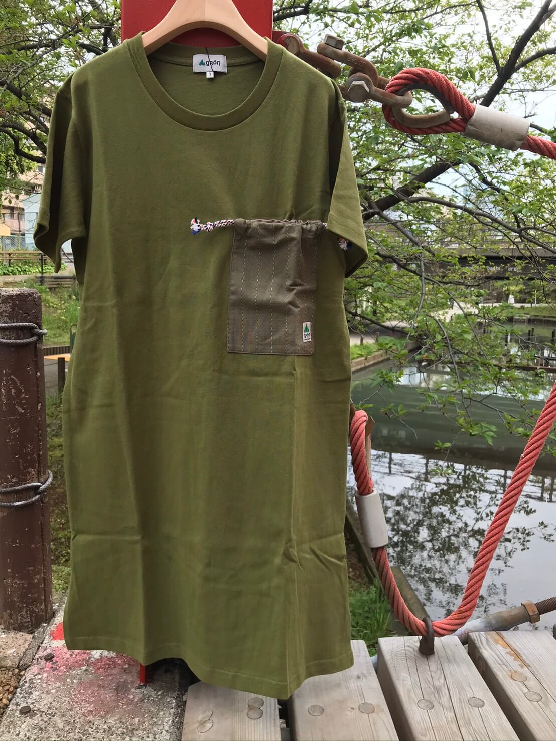 Mountain Products Com 巾着ワンピース 綿麻ストライプポケット